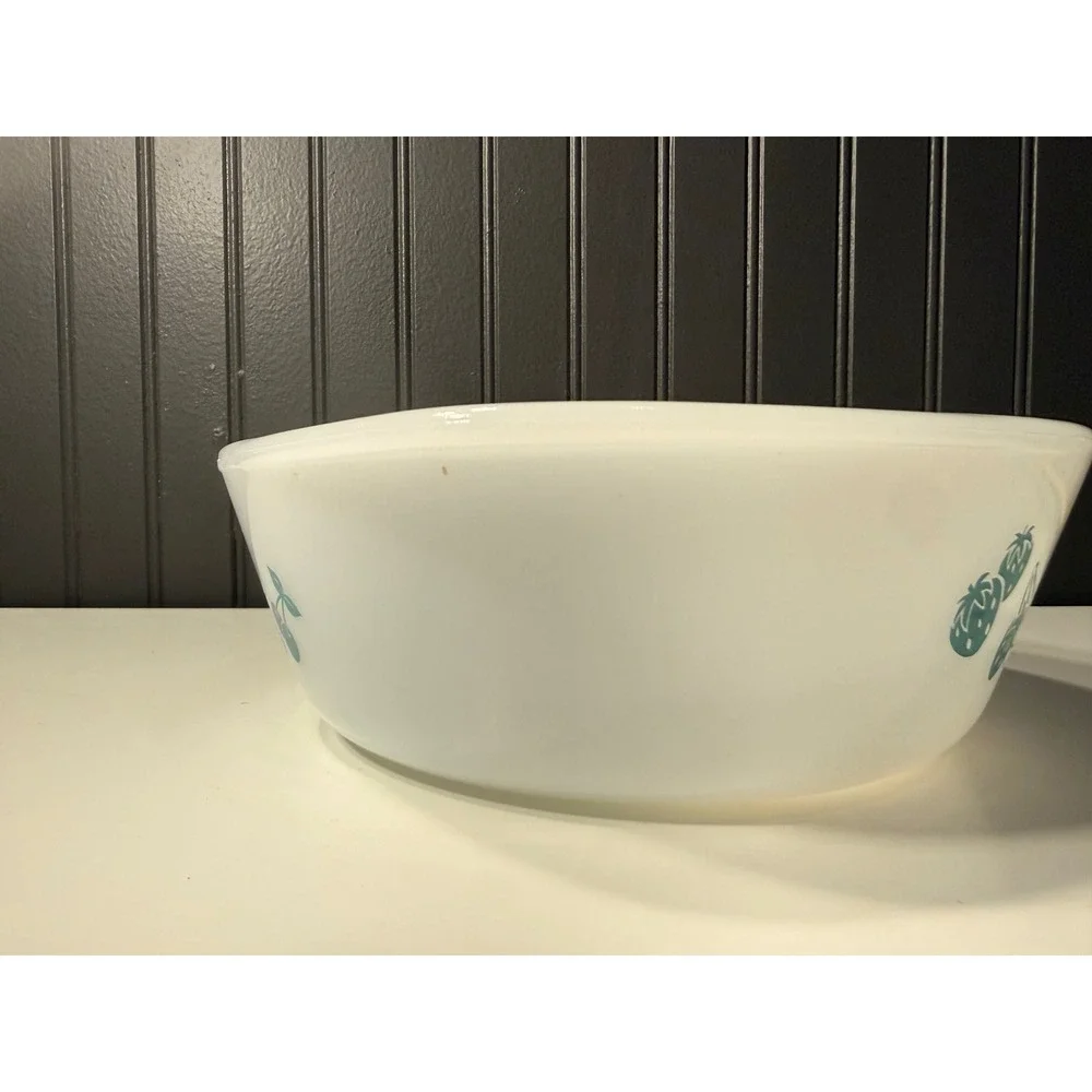 vintage Glasbake milk glass casserole dish a turquoise blue fruit and vegetable